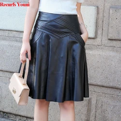 M-6XL Plus Size Skirt Women Genuine Leather High Waist Midi Skirt Female Black Long Faldas Mujer Real Skin Customer Pleated Jupe