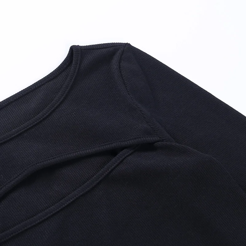 Autumn Women T-Shirt Hollow Out Solid Black White Long Sleeve Knitted Tee Tops Casual Slim O Neck 2024 Fashion T Shirt