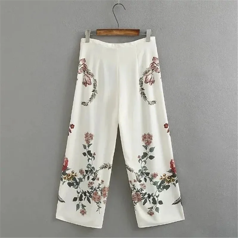 New Summer Fashion Elegant Ladies Pants High Waist Sag Printed Flowers Chic Wide-Leg Pants Women\'s Straight-Leg Pants Trousers