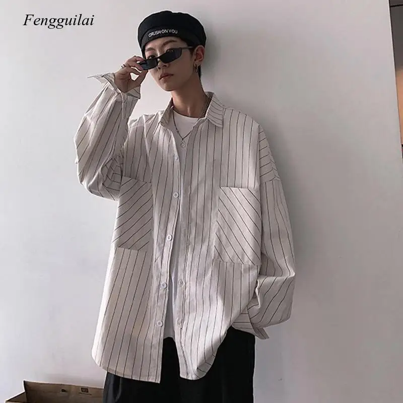 

Striped Shirts Streetwear Casual 2021 Black Oversized Shirts White Harajuku Vintage Long Sleeve Shirt for Men