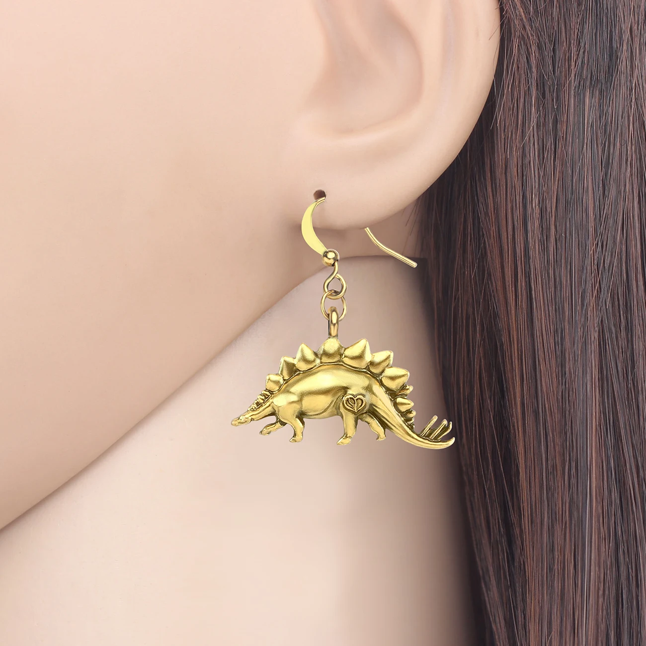 WEVENI Alloy Antique Gold Plated Sweet Stegosaurus Dragons Earrings Long Drop Dangle Jewelry Charm Gifts For Women Girls Teens