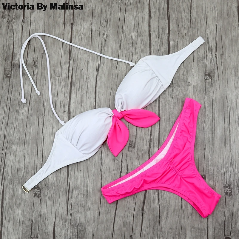 Conjunto de Bikini con lazo blanco para mujer, ropa de playa Sexy, con parte superior o inferior, color rosa secreto