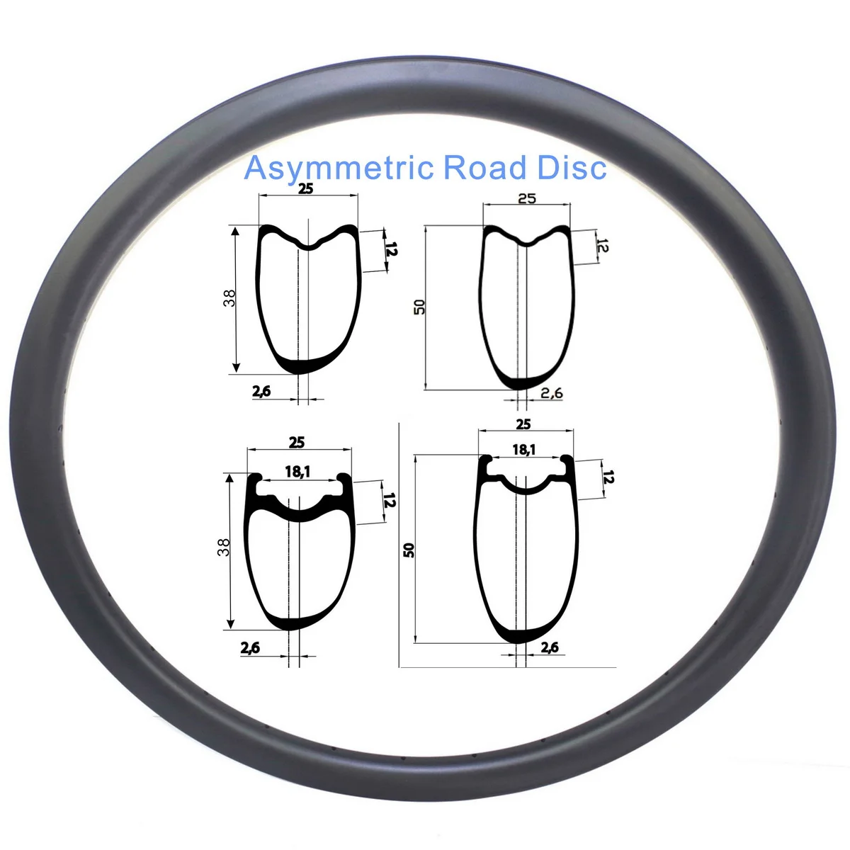 Light Weight Asymmetric Road Bike Carbon Rim 38mm 50mm Disc Brake Clincher Tubeless 700c Tubular Bicycle Rims