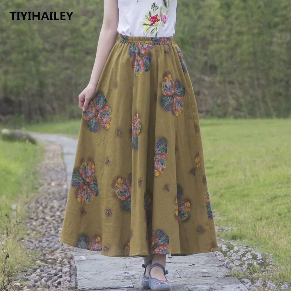 

TIYIHAILEY Free Shipping 2020 New Fashion Long Maxi A-line Elastic Waist Women Cotton Linen Print Flower Summer Spring Skirts