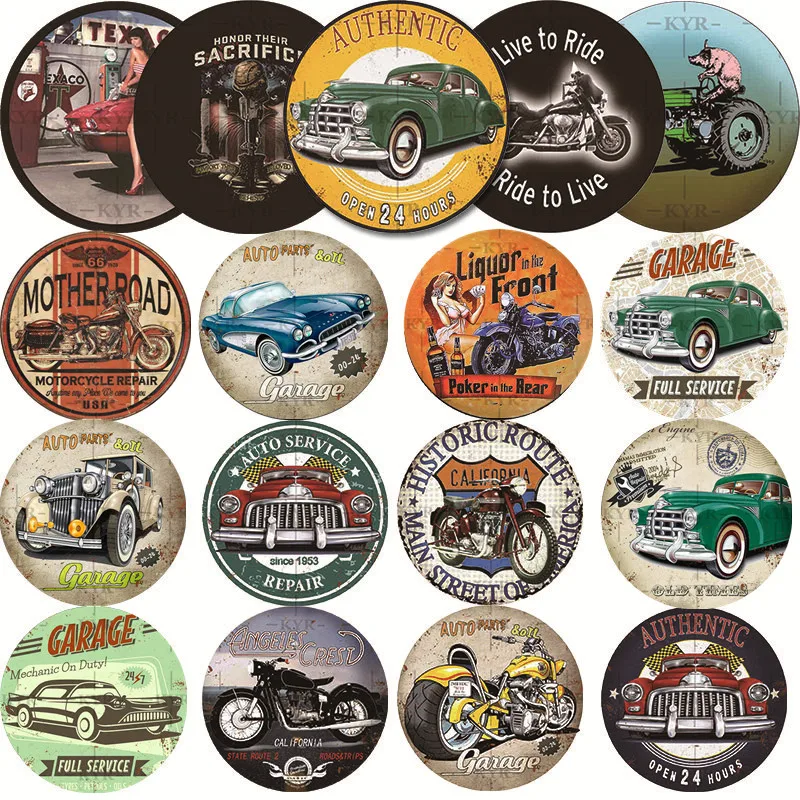 

Round Shape Metal Sign Motorcycle Classic Car Tin Iron Painting Wall Decor Elevator Aisle Murals Club Auto Shop Garage Poster