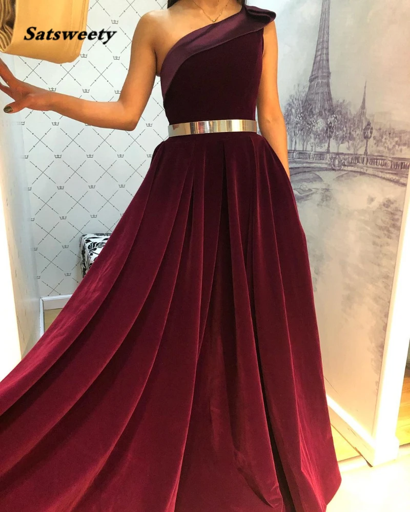 One Shoulder Velvet A-line Evening Prom Dresses with Pockets Sleeveless вечерние платья vestidos Party Formal Gowns Long