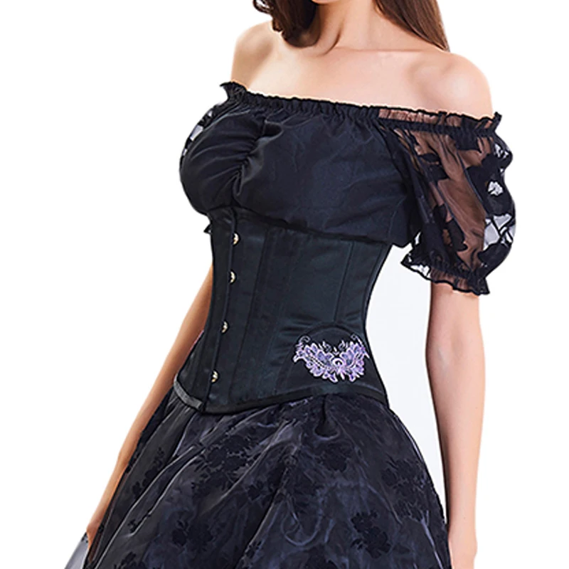 Burvogue Underbust Steampunk Corset Waist Control Gothic Corsets Cincher with Curved Hem Bustiers Embroidery Short Waist Trainer