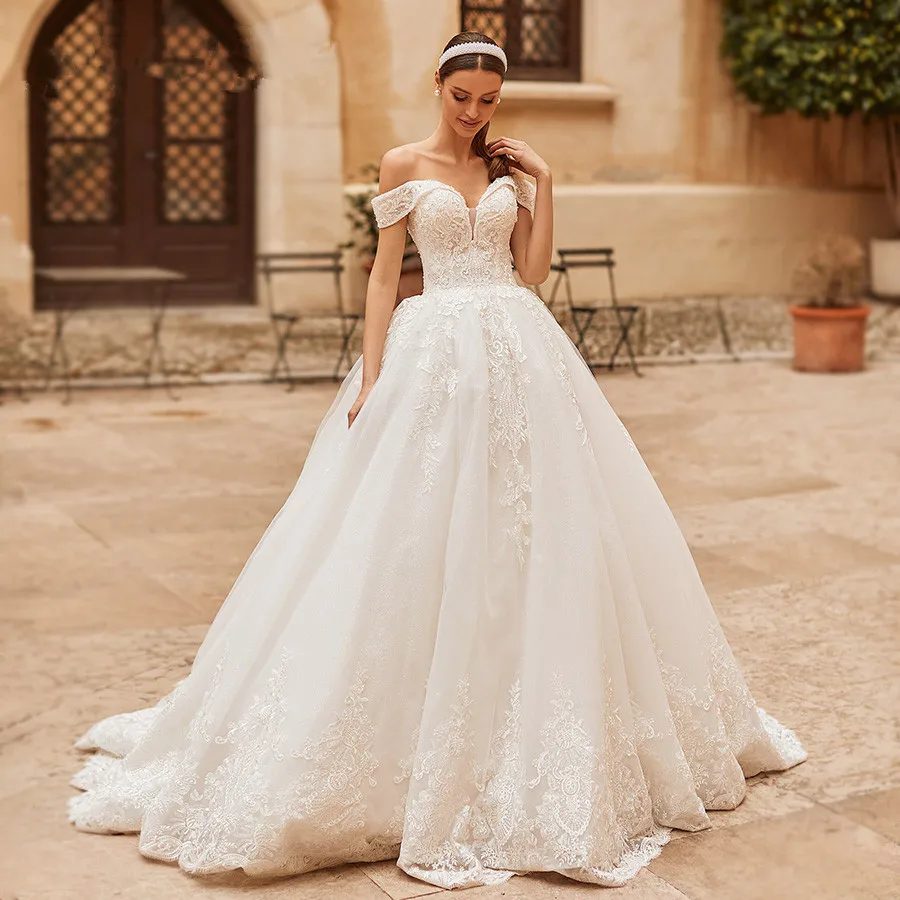 Dream personalizado princesa brilhante fora do ombro vestido de casamento elegante querida rendas até vestido de baile renda apliques vestido de noiva