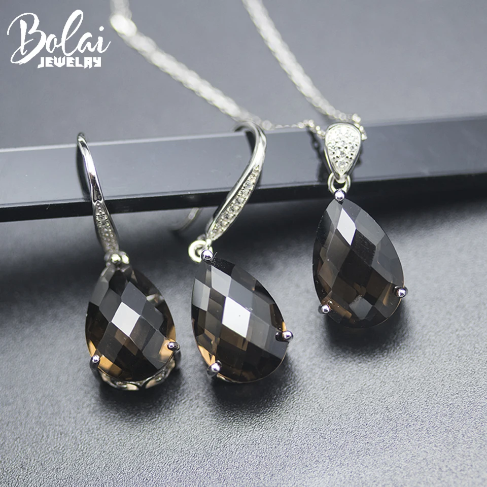 

Bolai 100% Natural Smoky Quartz Jewelry Set 925 Sterling Silver Checkerboard Cut 15*10mm Gemstone Earrings Pendant for Women's