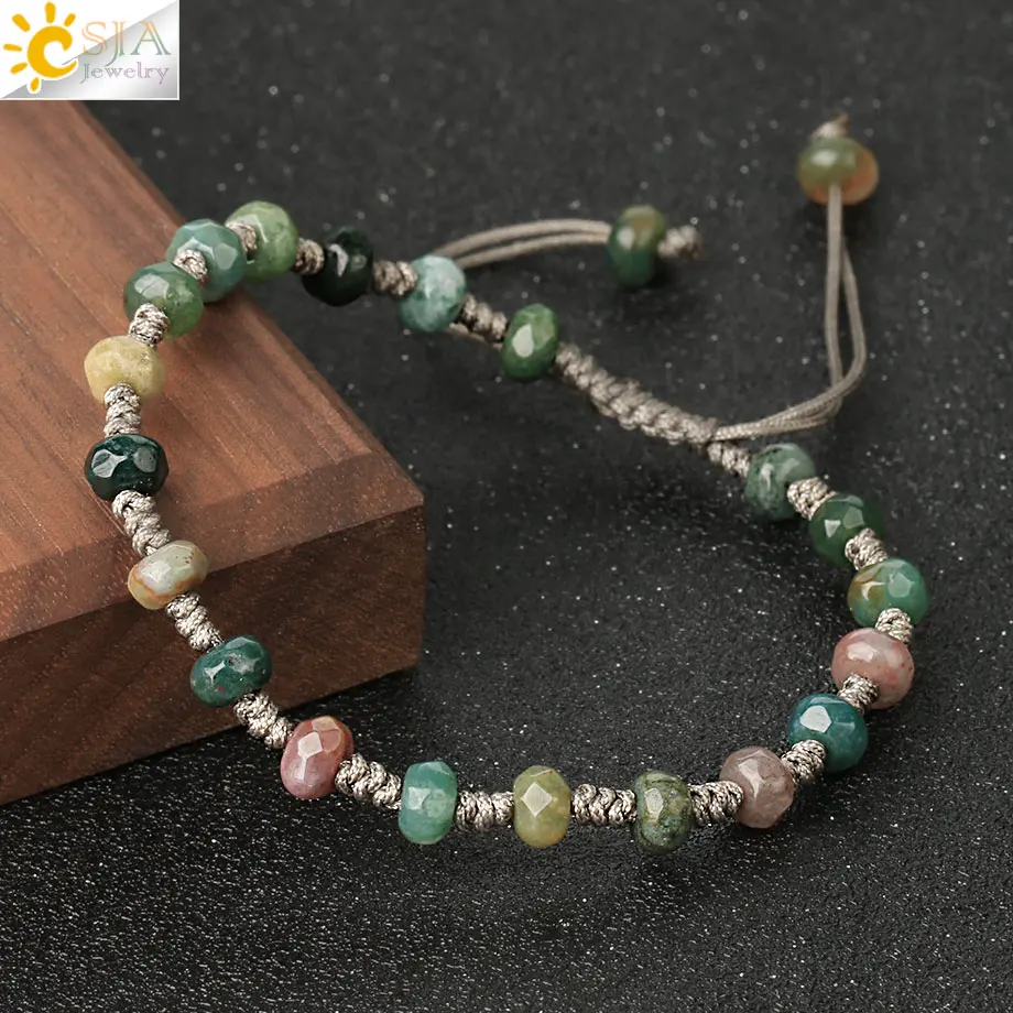 CSJA Natural Stone Braided Bracelets Faceted Round Bead 6mm Crystal Quartz Gray Weaving Rope Women Bracelet Healing Jewelry G453