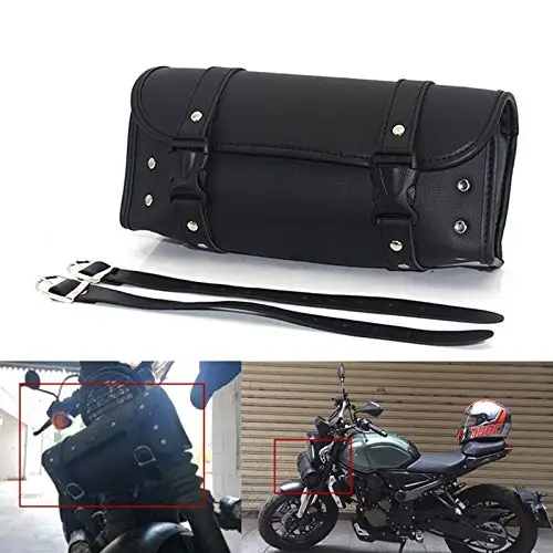 Motorcycle Fork Bag Waterproof Motorbike Handlebar Bag Pu Leather Saddlebag Front Rear Storage Tool Pouch Tool Tail Bag Black