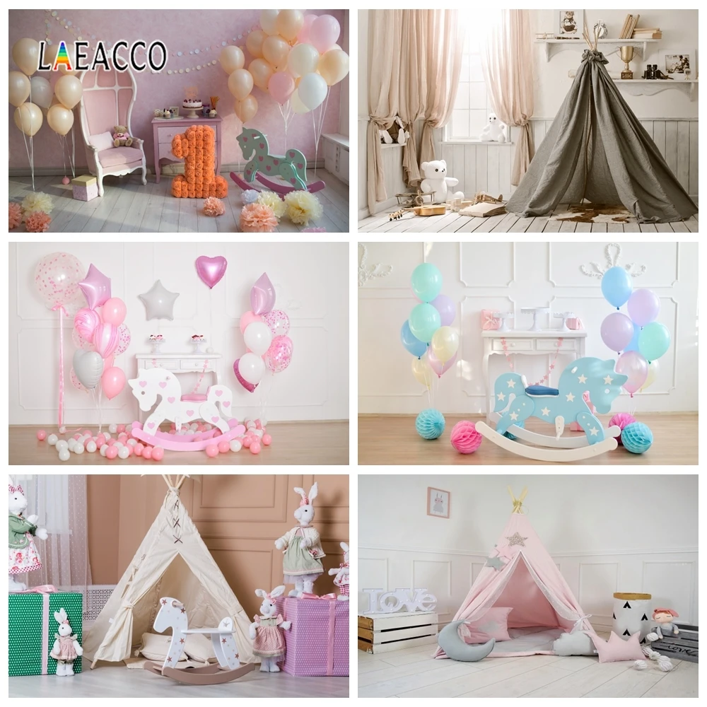 Laeacco Baby Birthday Backdrops for Photography Balloons Trojan Table Photo Backgrounds Children Portrait Photophone Photocall