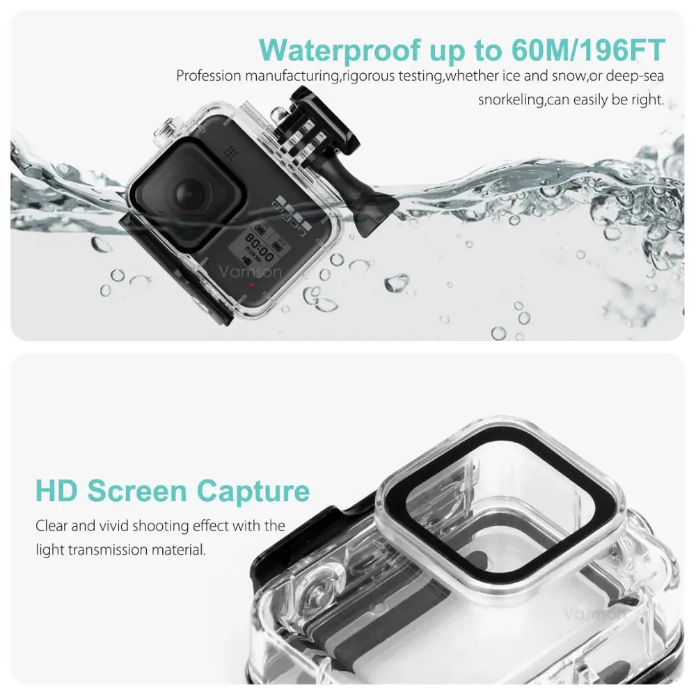 Vamson  for GoPro Hero 8 Black 60m Underwater Waterproof Case Diving Protective Cover Housing Mount for Go Pro 8 Accessory VP651