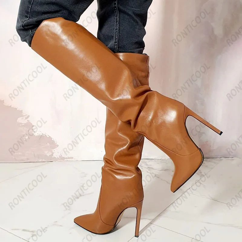 Ronticool High Quality Women Winter Knee Boots Slip On Thin High Heels Pointed Toe Red Brown Grey Dress Shoes Plus US Size 5-15