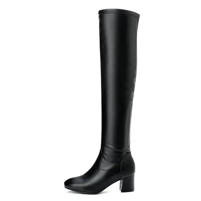 Black White Women Over the Knee Boots Comfortable Square Heel Women Long Boots Side Zipper Female Stretch Boots Plus Size 34-43