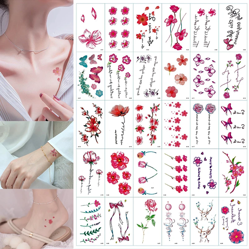 30 Sheet Pink Matsum Peony Flowers Body Art Chest Water Transfer Waterproof Temporary Tattoo Girl Waist Bracelet Flash Tatoo