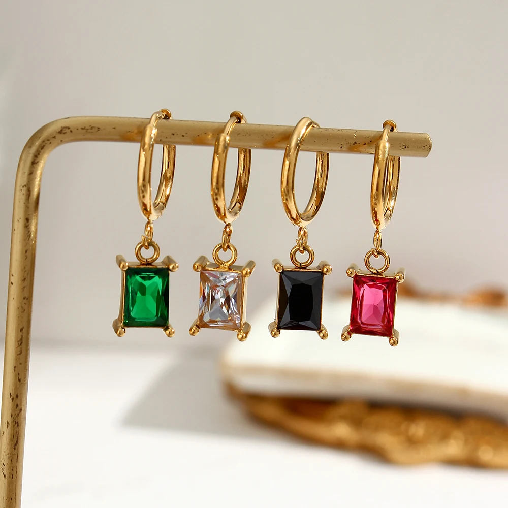 

2021 NEW Fashion Square Zircon Gold Pendant Earrings For Women Colorful Small Hoops Earrings Jewelry Accessories