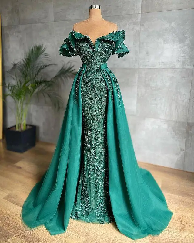 Robe de Rhsirène verte arabe, grande taille, dentelle, perles, sexy, robe de soirée formelle, luxe, à la mode, élégante