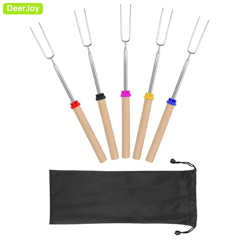 Marshmallow Roasting Sticks 5 Pcs Smores Sticks 32Inch Long Wooden Handle Barbecue Forks Telescoping Hot Dog Forks Smore Skewers