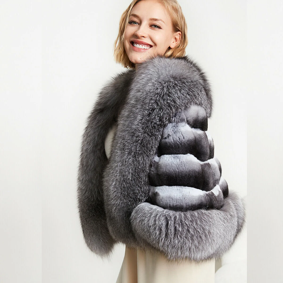 Invierno elegante mujer Real Chinchilla Rex piel de conejo chal para banquete capa gruesa cálida con piel de zorro Natural abrigos de invierno para mujer