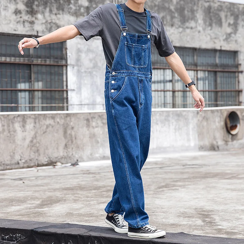 Overalls Men Bib Denim Jumpsuit Straight Jeans Hip Hop Big Pocket Wide Leg Cargo Pants Fashion Casual Blue Loose Trousers