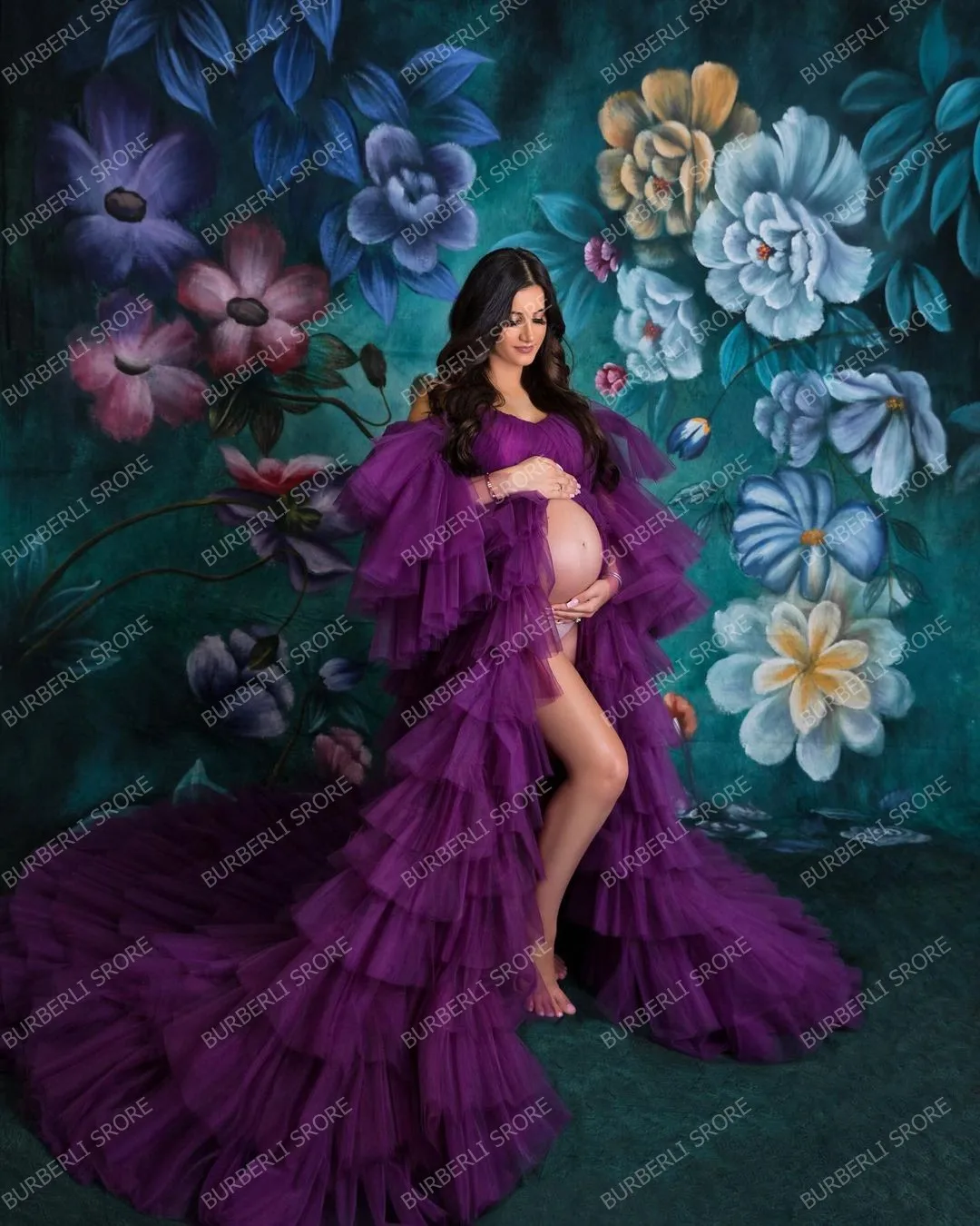 Mais novo lindo inchado roxo em camadas tule longo vestidos de mulheres grávidas sem alças longo babados roupas para grávidas vestido de noiva