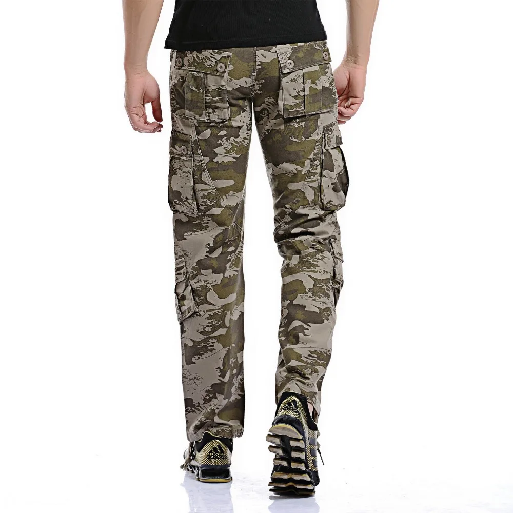 

Men Loose Multi-Pocket Camouflage Pants Men's Casual Cotton Straight Big Yards Long Frock Multi Zipper Male Washed Trousers