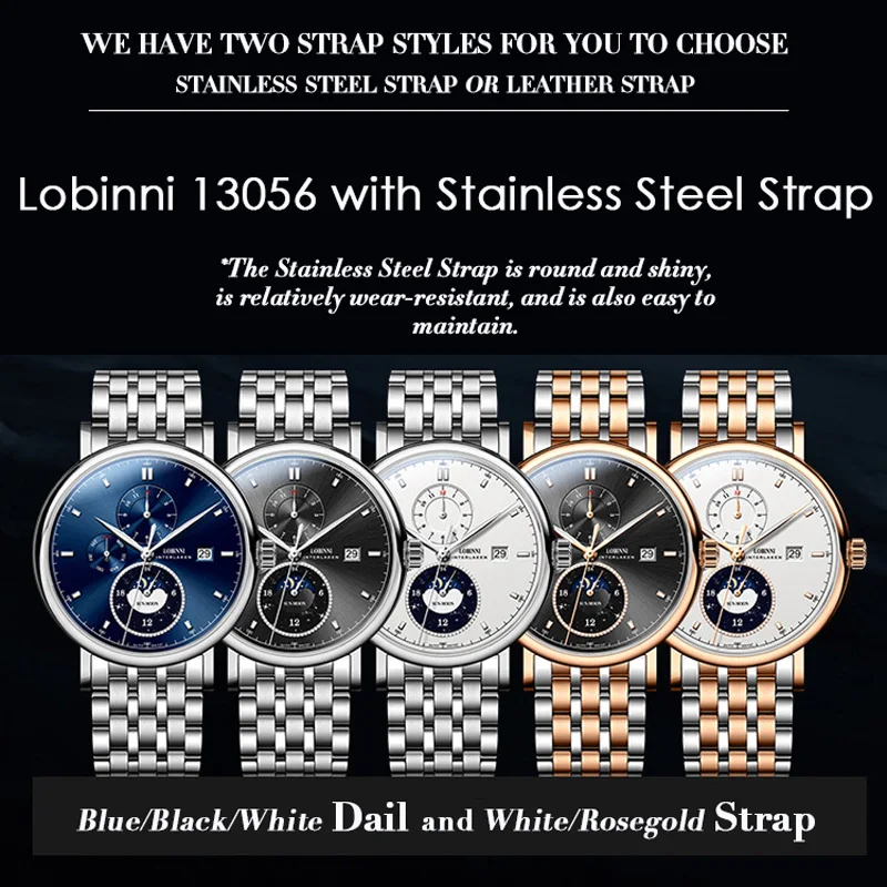 LOBINNI Moon Phase Seagull Movement Rose Gold Case Stainless Steel Strap Men Watch Luxury Automatic Self Wind Mechanical Watch