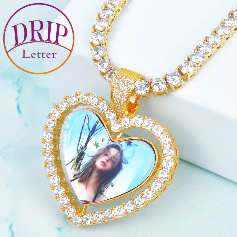 

Drip Letter Custom Photo Necklace for Men Rotating Double-Sided Heart Medallion Pendant Charms Hip Hop Real Gold Plated Jewelry