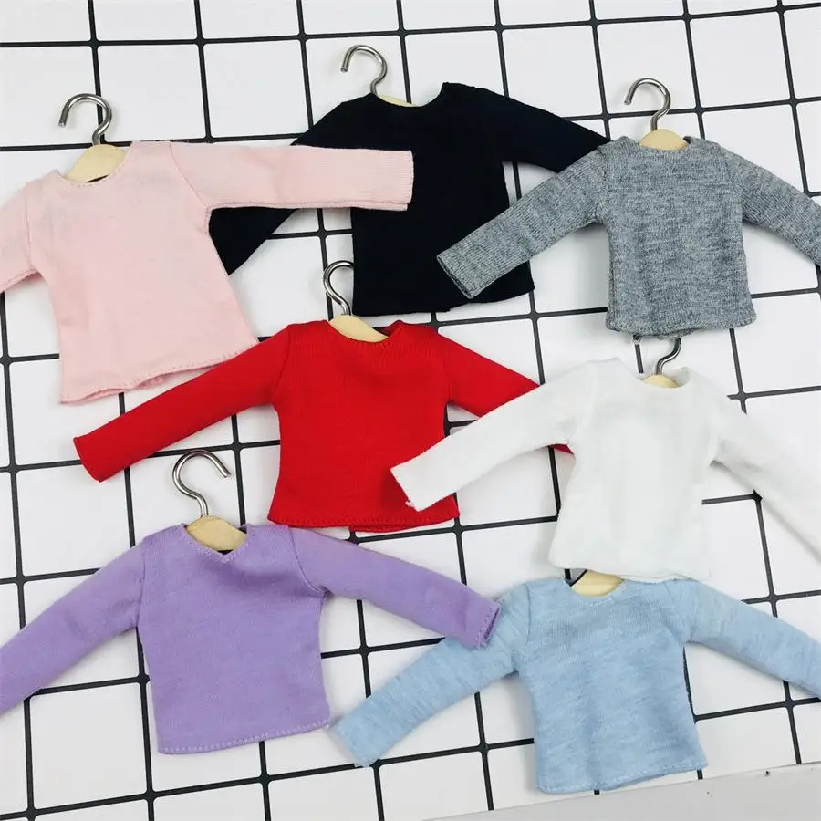 Handmade Pure Color Long Sleeve T-Shirt Black/White/Pink/Red/Blue/Gray/Violet Casual Shirt for Blyth Licca 1/6 Dolls Clothes