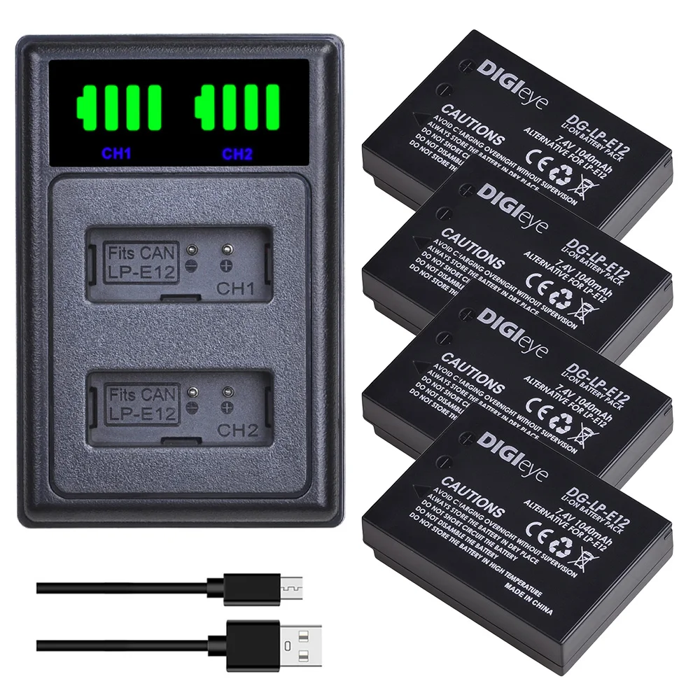 LP-E12 LPE12 LP E12 Camera Battery OR LED Dual USB Charger with Type C for Canon Rebel SL1, EOS-M, M2, M10, M50, M100