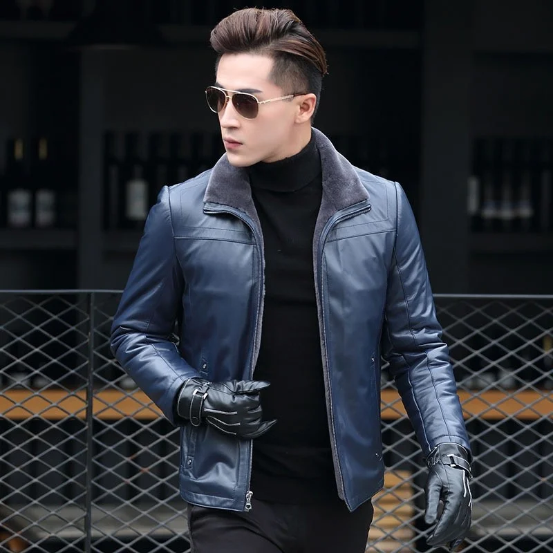 Mens Winter Genuine Leather Shearling Coat Slim Fit Thick Warm Wool Liner Motorcycle Jacket Male Turn-Down Collar Pilot Jackets