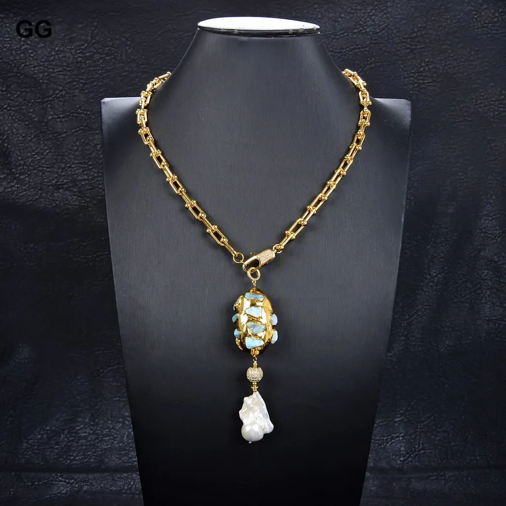 G-G Gold Color Plated Chain Statement Necklace Blue Larimar Freshwater White Keshi Pearl Pendant Necklace For Women