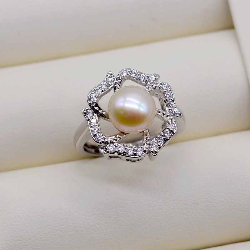 Flower Rings Round Natural Freshwater Pearl Silver Rings Zirconia Adjustable Engagement Rings Pearl Rings for Women