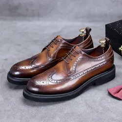 Handmade Leather Shoes Men Summer New Brogue Carved Business Dress Shoe Mens Black Casual Increase British Lace-Up Oxfrods