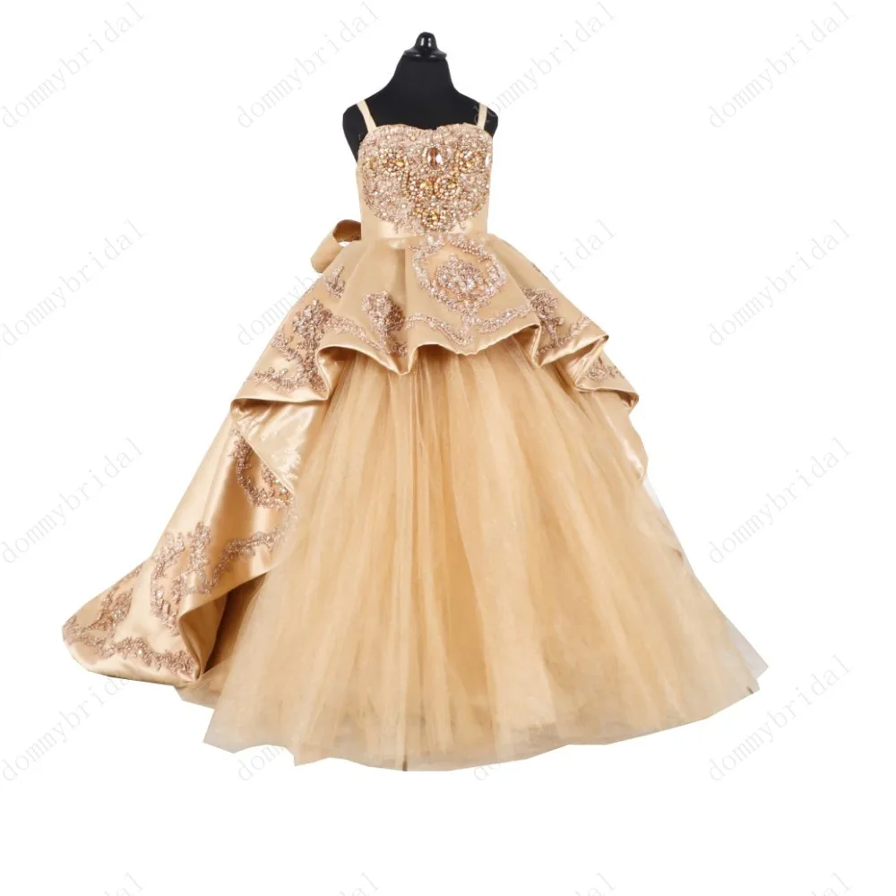 Modern Pearls Beaded Champagne Kids Puffy Princess Cheap Flower Girl Special Occasion Dresses for Wedding Party Long Corset