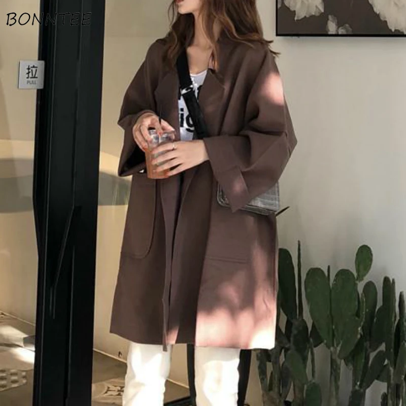 

Blends Women Retro Trendy Spring Loose Leisure Newest Elegant All-match Open Stitch Classic Lady Coats Solid Black Brown Stylish