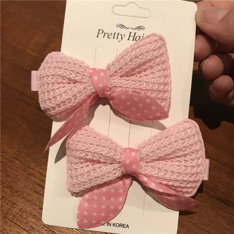 2pcs Bowknot Hair Clip Dot bow tie Hairband Solid Color Cotton Fabric Baby Hair Accessories Girl Ponytail Elastic Rubber Trinket