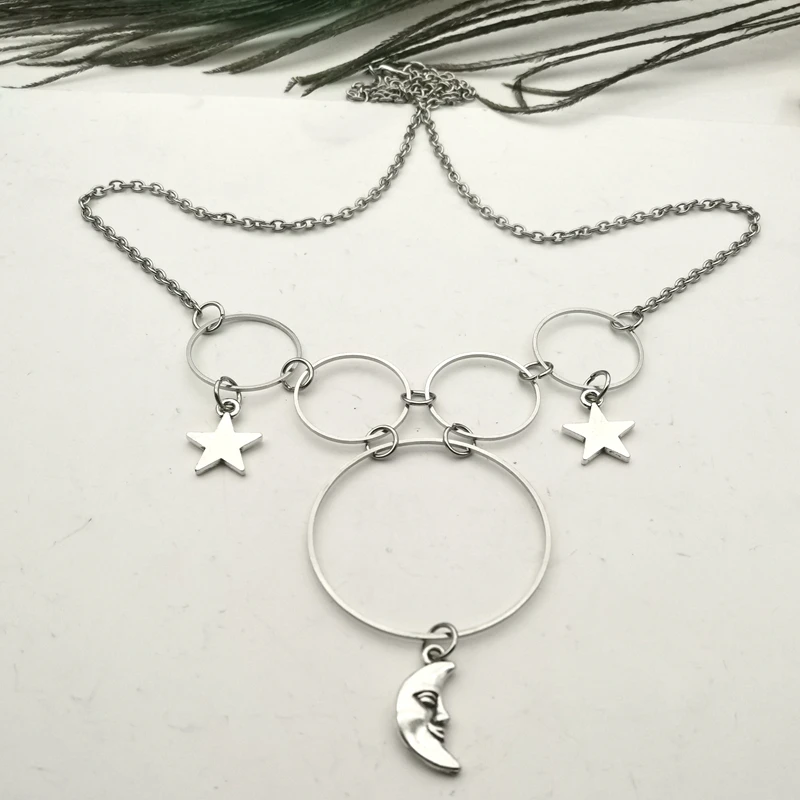 Moon Necklace with Stars, Modern Witch,goth,Crescent Moon & Star Wiccan Occult Necklace, Jewelry Gift Witch Pagan Jewellery