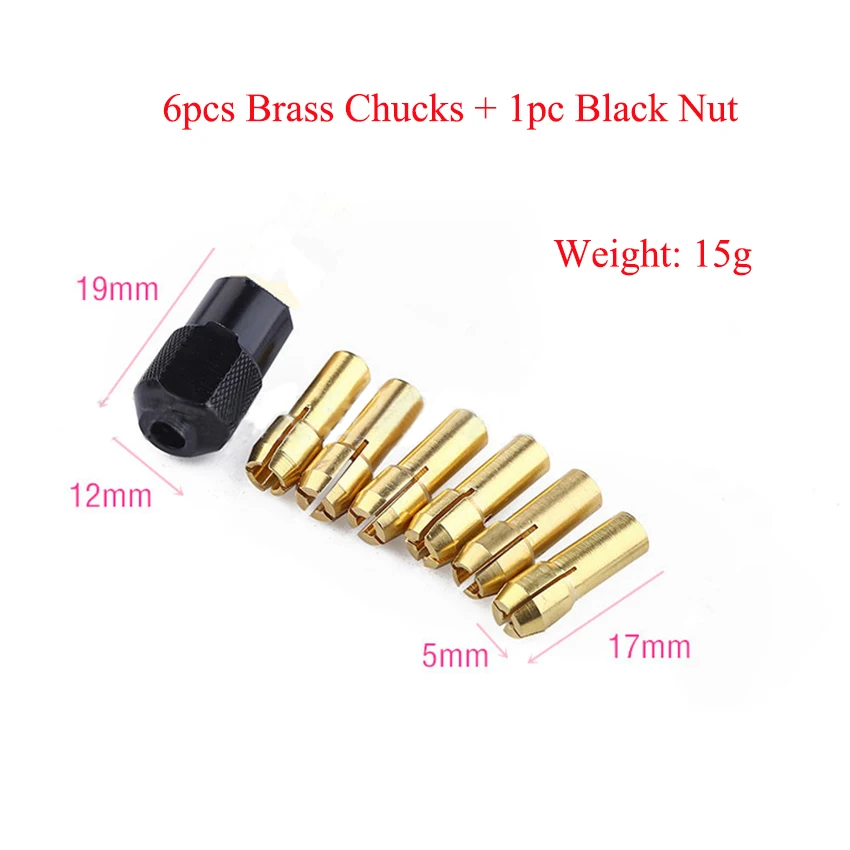 7pcs 1/1.6/2/2.4/3/3.2mm Electric Grinder Brass Chucks With Black Nut Power Tool For Motor Copper Core Power Tool Accessories