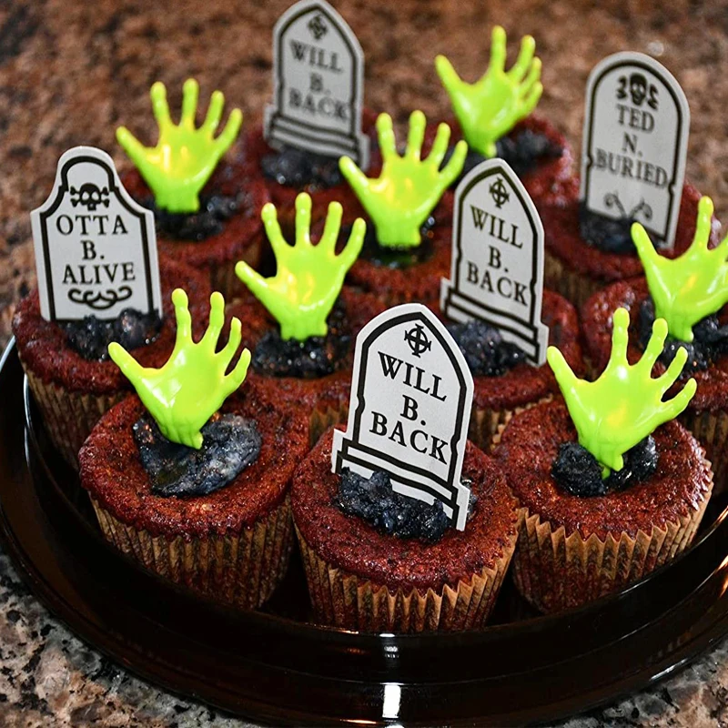 

12pcs Halloween Tombstones Cake Decorations Scary Graveyard Skeleton Designs paper Cake Toppers for Halloween Party Supplies