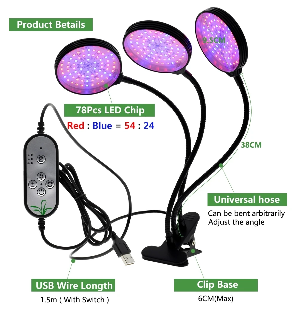 

5V LED Grow Light USB Phyto Lamp 3 Heads Full Spectrum With Auto Timer Control For Plant Seedlings Flower Indoor Greenhouse Box