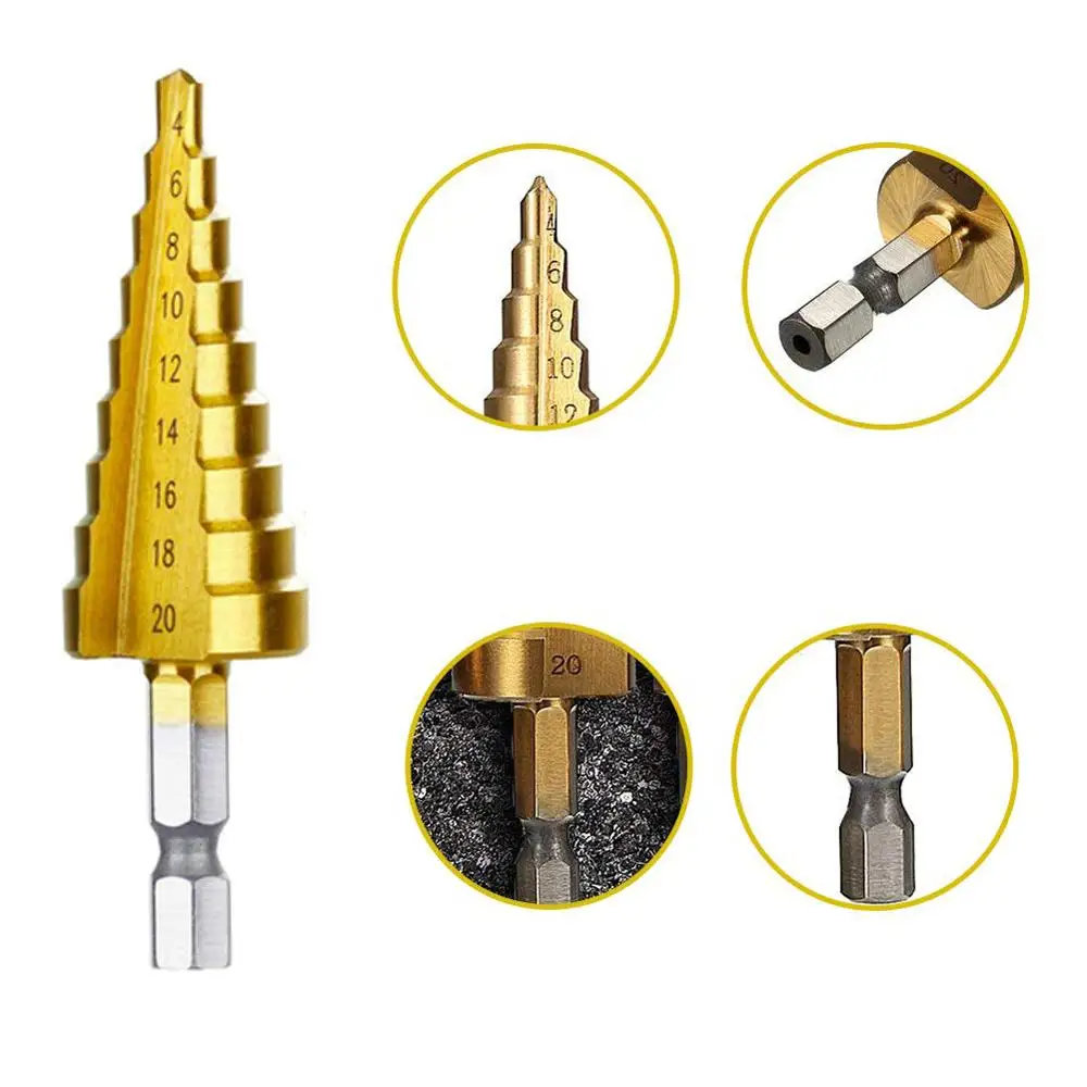 3 Titanium-Tấm Thép Tốc Độ Cao Bước Bộ Mũi Khoan Khoan Bộ Cho Kim Loại Tấm Lỗ khoan 4-12Mm 4-20Mm 4-32Mm 3-12Mm