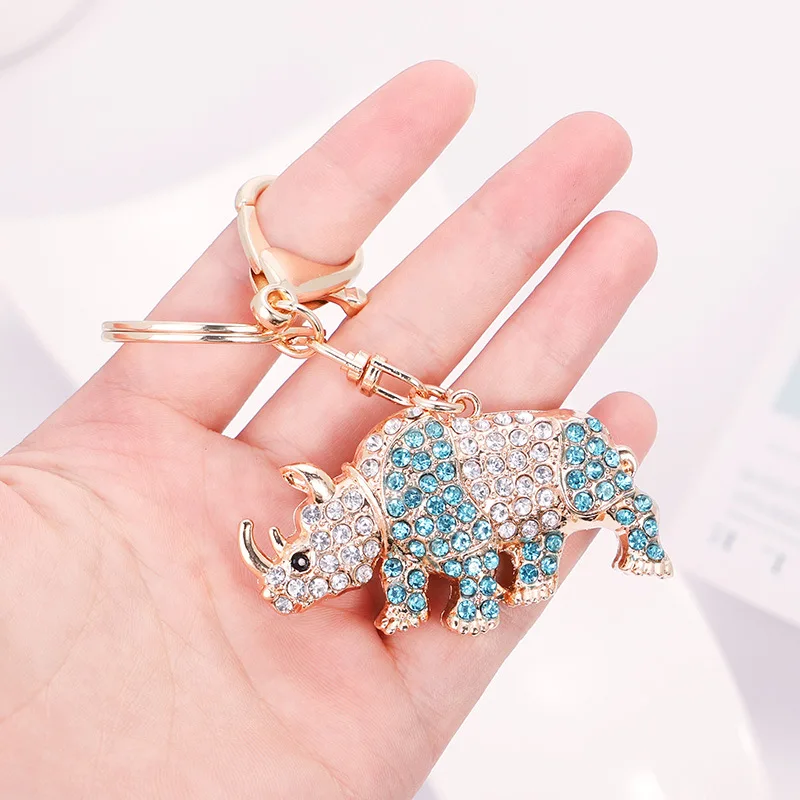 Korean Blue Pink Rhinestone Animal Rhino Cow Keychain Fashion Cute Car Interior Decoration Key Ring Gift Girls Handbag Accessory