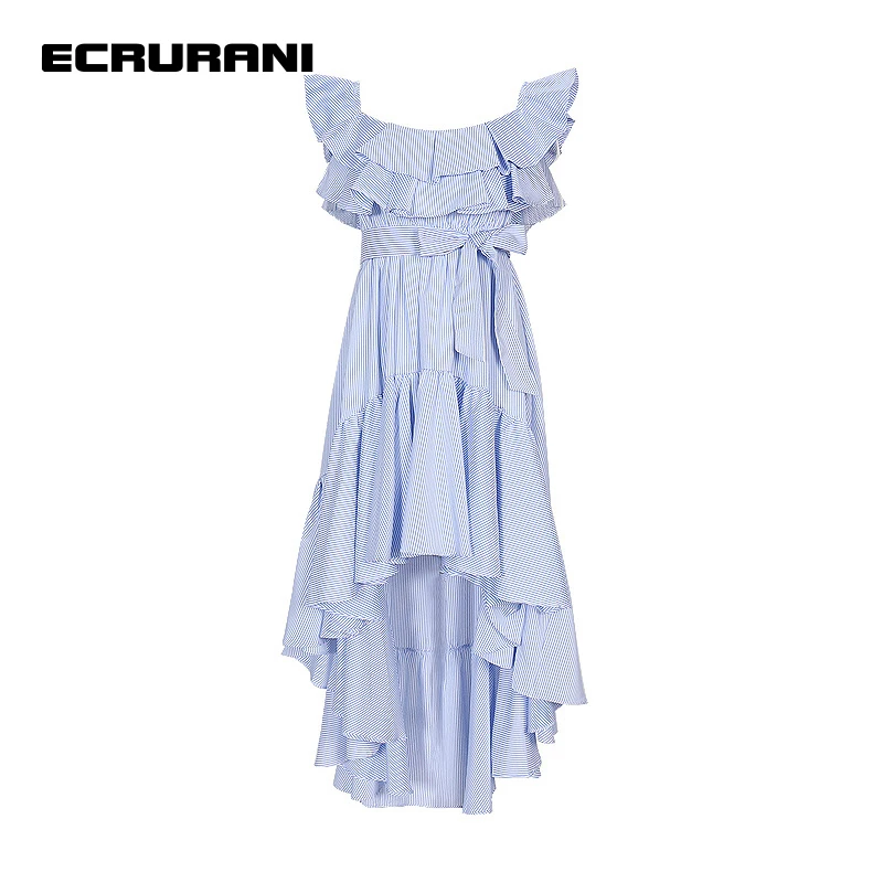 

ECRURANI Patchwork Ruffle Elegant Dress For Women Slash Neck Striped High Waist Slimming Ruched Dresses Females Summer New Style