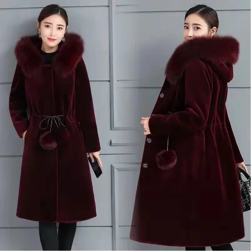 Mink Fur Coat Women\'s Mid-length Autumn And Winter Mink Velvet Faux Fur Hooded Jacket Women\'s Thin New Large Size Thickening