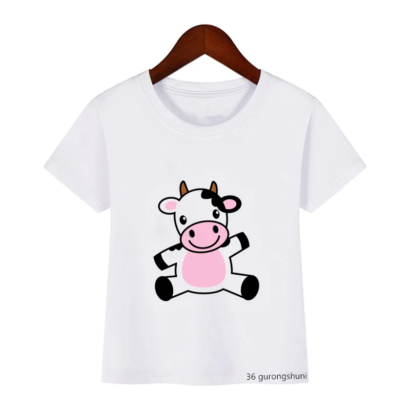 Graphics Pink Strawberry Cow Print Kawaii Girl T-shirt Cartoon Kids Shortsleeved Summer Tops Harajuku Boys Tshirt