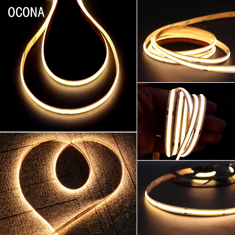 Alta Densidade Dimmable COB LED Strip, Fita Fita Luz, Branco Quente Linear Bar, Alta Densidade, Corte Livre, COB, DC24V, 544LEDs por m, 0,36 centímetros de corte, 8 milímetros