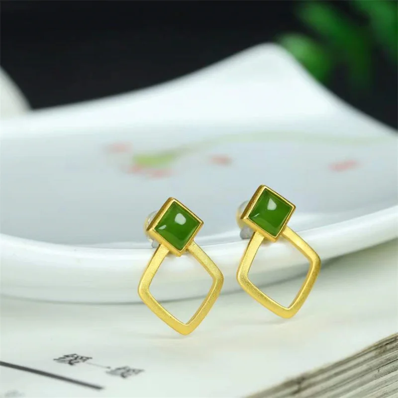 Hot Selling Natural Hand-carved 925 Silver Gufajin Inlaid  Jade Jasper Earrings Studs Fashion Jewelry Women Luck Gifts