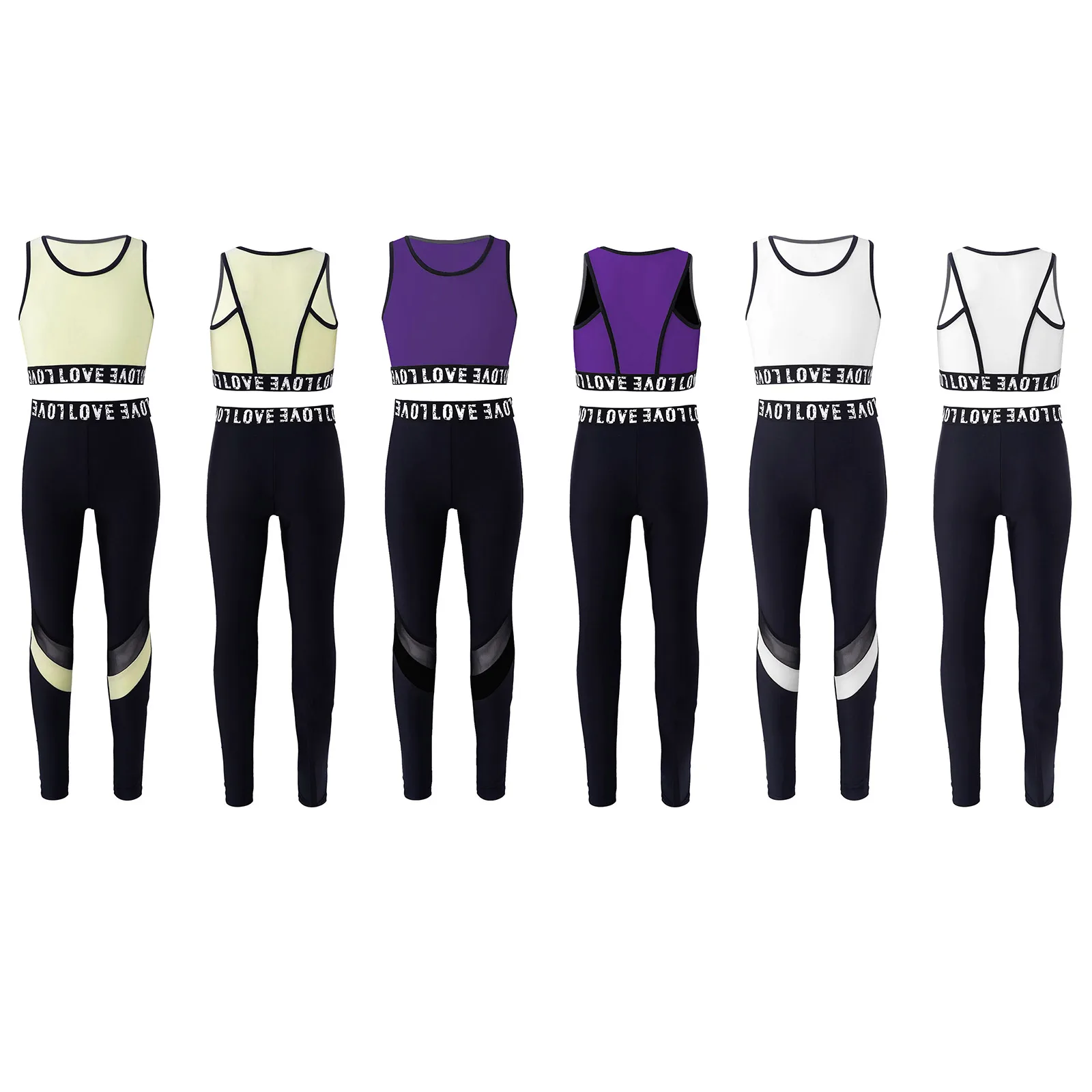 Kid Girls Gymnastics&Dancewear Sports Tracksuits Racer Back Letters Print Patchwork Crop Tops and Pants Set Sportswear Outfits